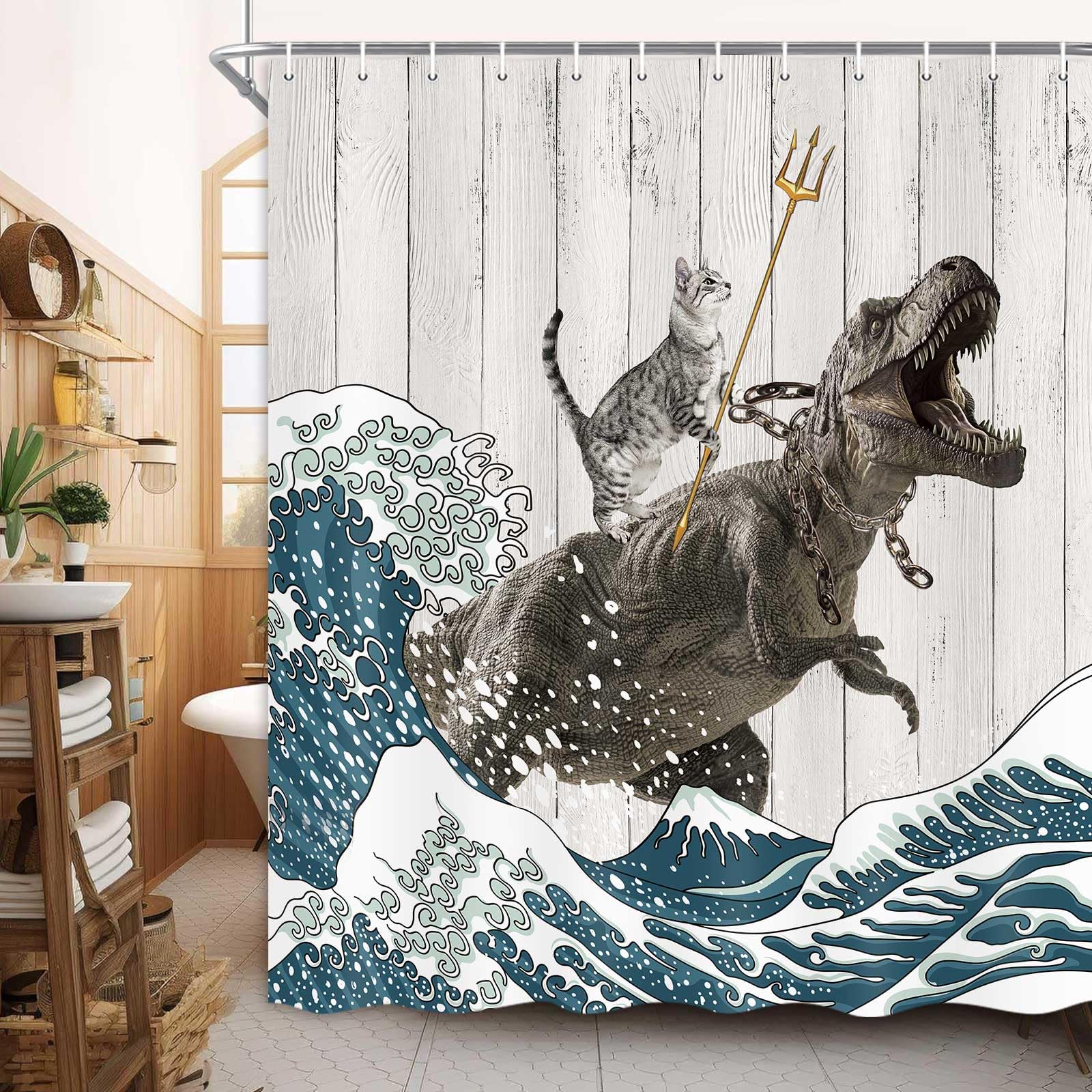 Boziqr Funny Cat Shower Curtain  Cool Cat Dinosaur Japanese Ocean Wave Decor Fabric Bathroom Curtains  Kids Children Rustic Wooden Farmhouse Shower Curtain  70X70 Inches
